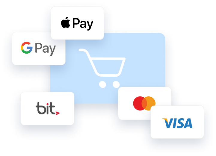 כל אמצעי התשלום: כרטיסי אשראי, אפל פיי, גוגל פיי וביט